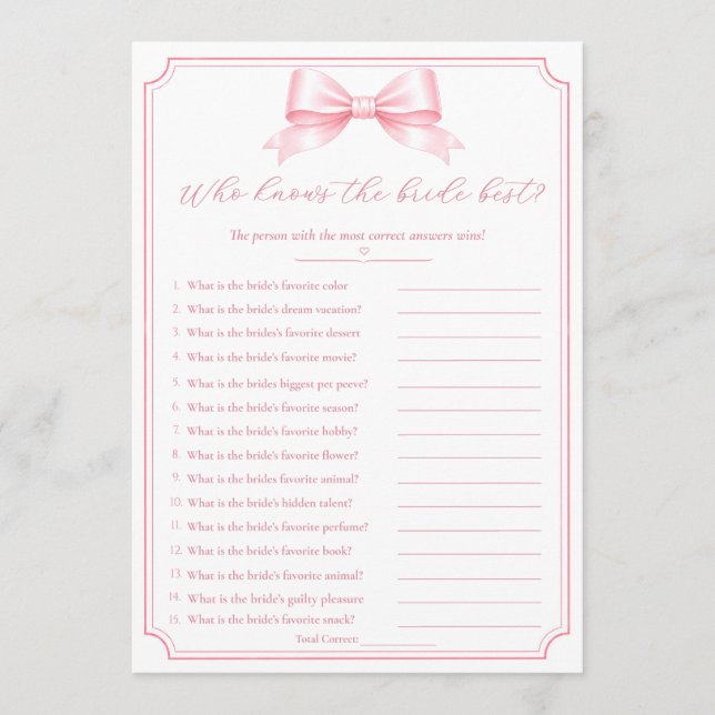 Editable Who Knows Bride Bridal Shower Fun Game  (Front)