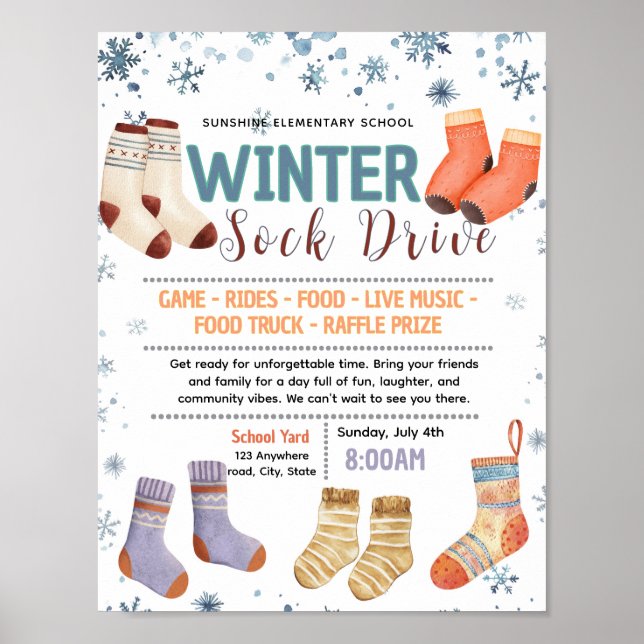 Editable winter socks drive fundraiser flyer poster (Front)