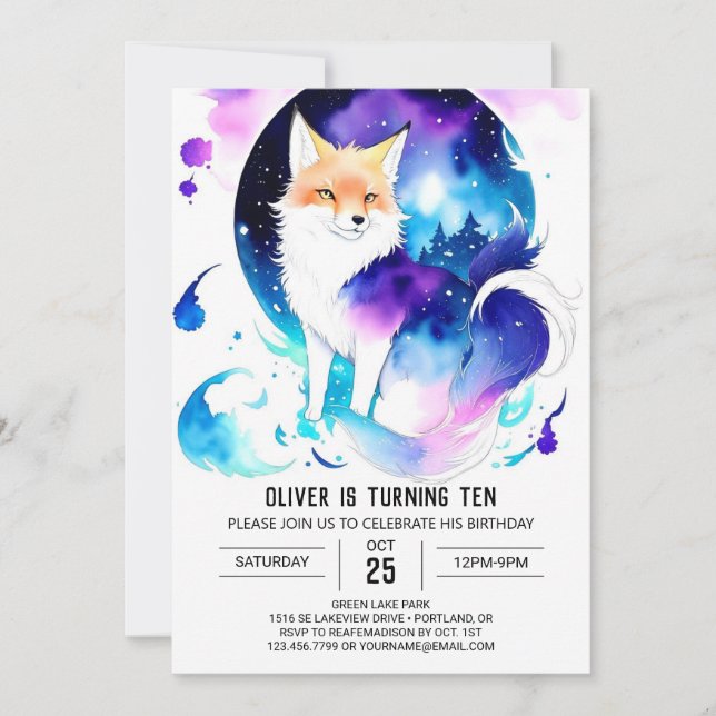 Editable Woodland Fox Birthday Party Invitation (Front)