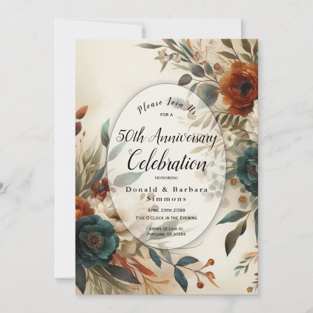 Editable Year Fall Flowers Anniversary Party Invitation (Front)