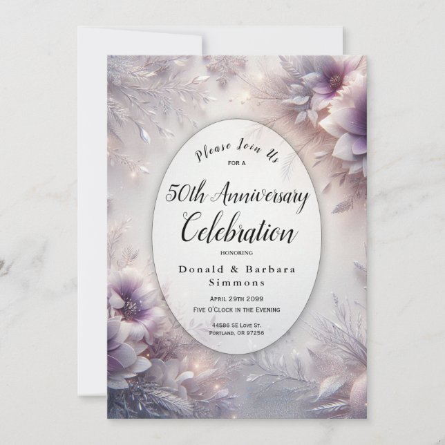 Editable Year Silver and Soft Amethyst Anniversary Invitation (Front)