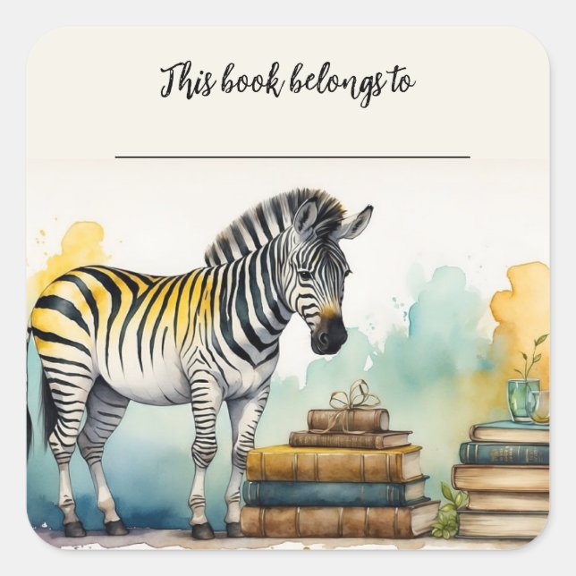 Editable Zebra and Books Bookplate Sticker (Front)