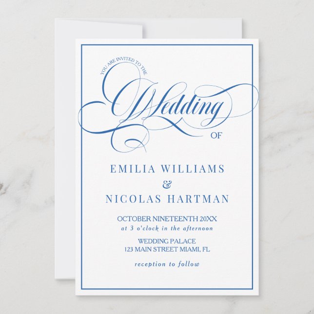 Editorial Blue White Wedding All In One Invitation (Front)