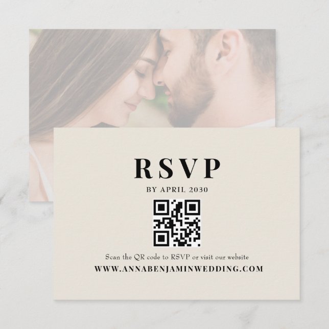 Editorial Ivory Photo QR Code Wedding RSVP Card (Front/Back)