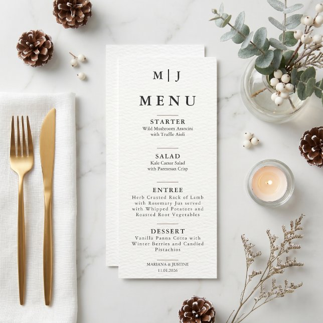 Editorial Minimalist Winter Wedding Monogram  Menu (Editorial Minimalist Winter Wedding Monogram Menu)