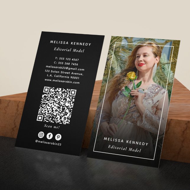 Editorial Model Photo Black and White QR Code Business Card (Creator Uploaded)