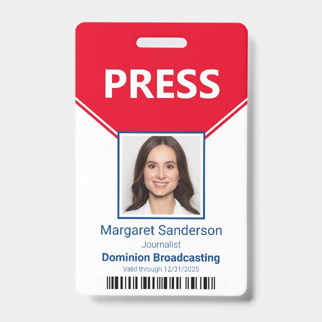 Editorial Press Pass Photo Bar Code ID Badge (Front)