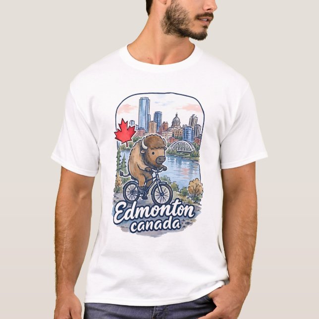 Edmonton Alberta Bicycling Cute Bison T-Shirt (Front)