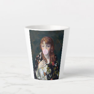 Edna blowing a pink bubble gum latte mug