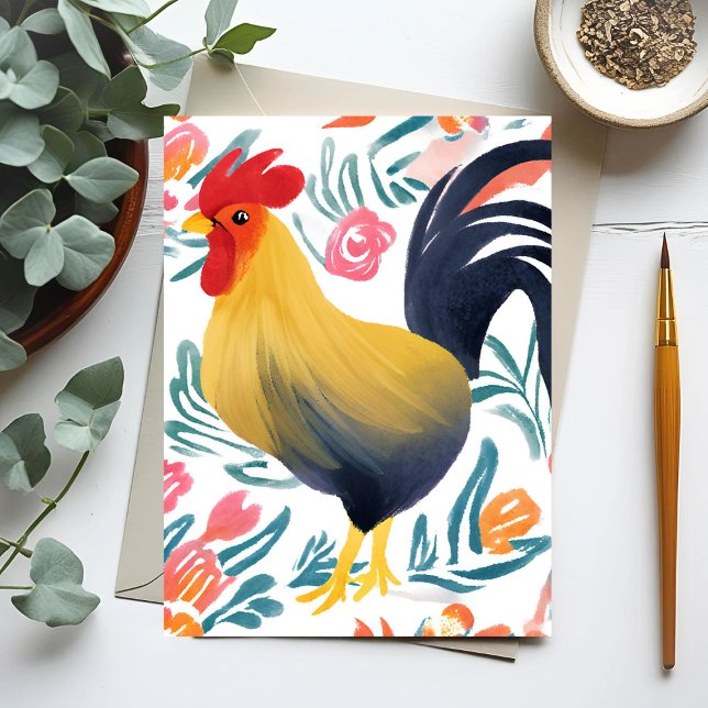 Edna the Rooster | Watercolor Floral Chicken Postcard (Creator Uploaded)