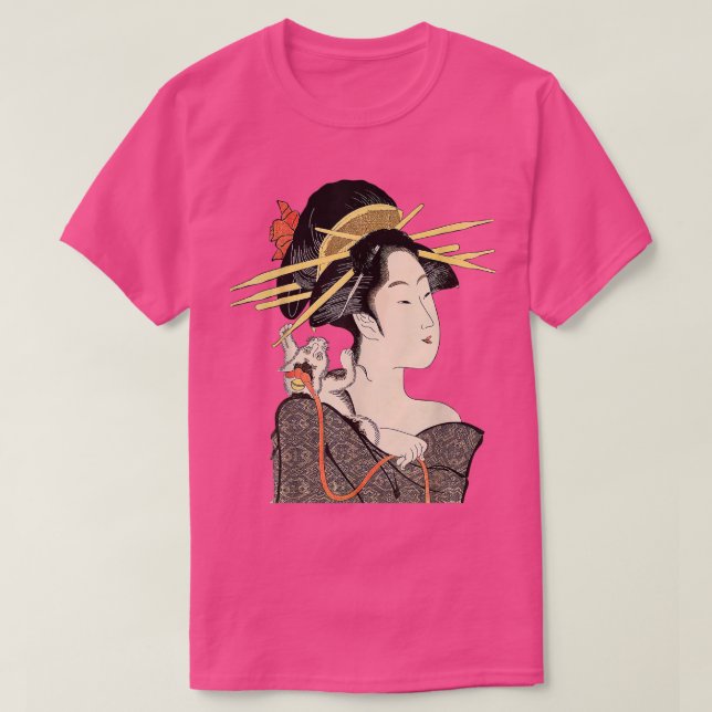 Edo Period Japan, Geisha Portrait with Cat T-Shirt (Design Front)
