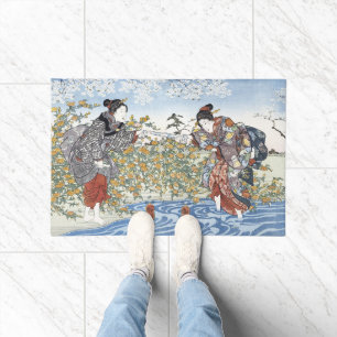 Edo Period Ukiyo-e Women Blue River Yellow Flowers Doormat
