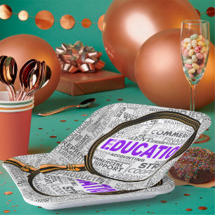 Education Concept Magnifying Glass Word Cloud Paper Plate