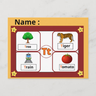  Educational Alphabet Letter T Flashcard for Kids  Postcard
