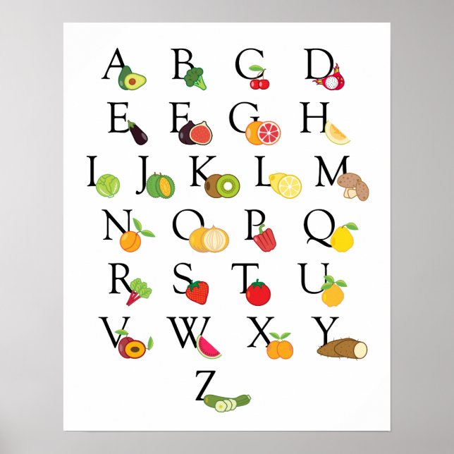 Educational Fruit Vegetable ABC Alphabet Classroom Poster (Front)