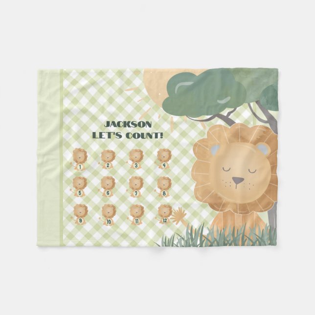  Educational Let's Count Gingham Name Boho Lion Fleece Blanket (Front (Horizontal))