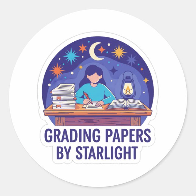 Educator Grading Papers by Starlight | Night Study Classic Round Sticker (Front)
