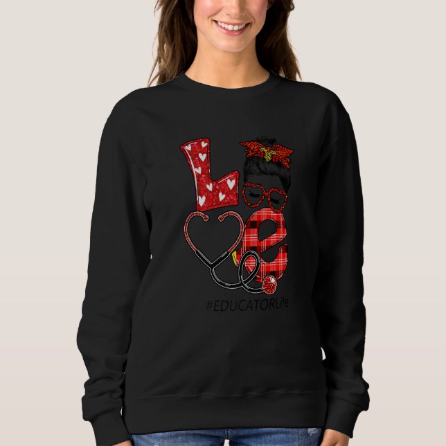 Educator Nurse Plaid Leopard Love Heart Messy Bun  Sweatshirt (Front)
