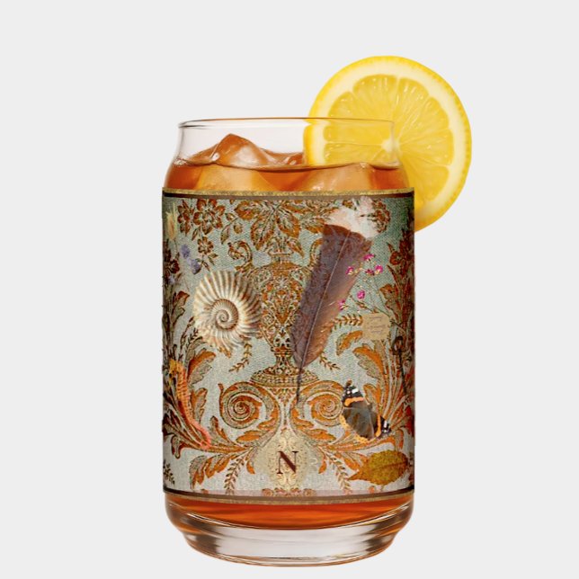 Edwardian Naturalist Drinkware Set Can Glass (Refreshingly natural accents set against a muted, moody teal and fiery bronze /gold /copper brocade )