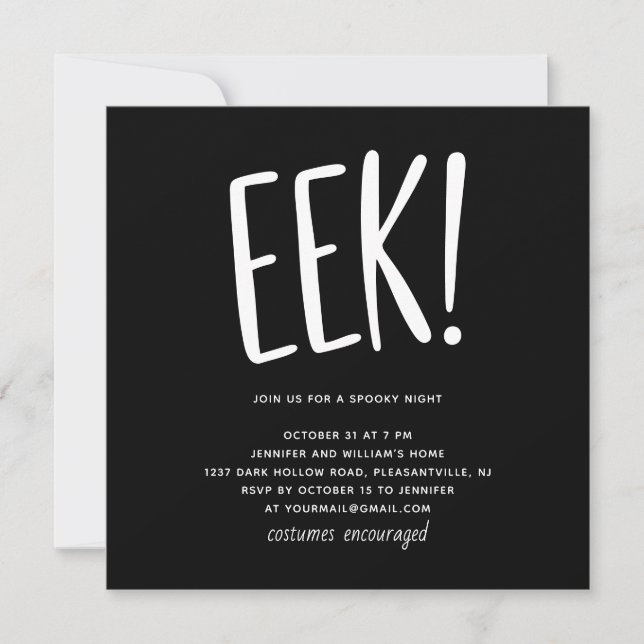 EEK! Modern Funny Halloween Party | Black Spooky Invitation (Front)