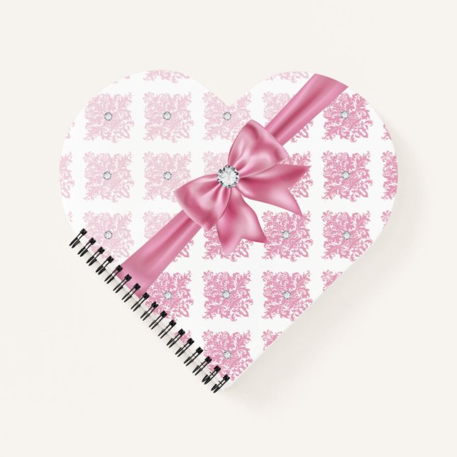 Eelegant Glam Pink Bow Diamonds Damask  Notebook (Front)