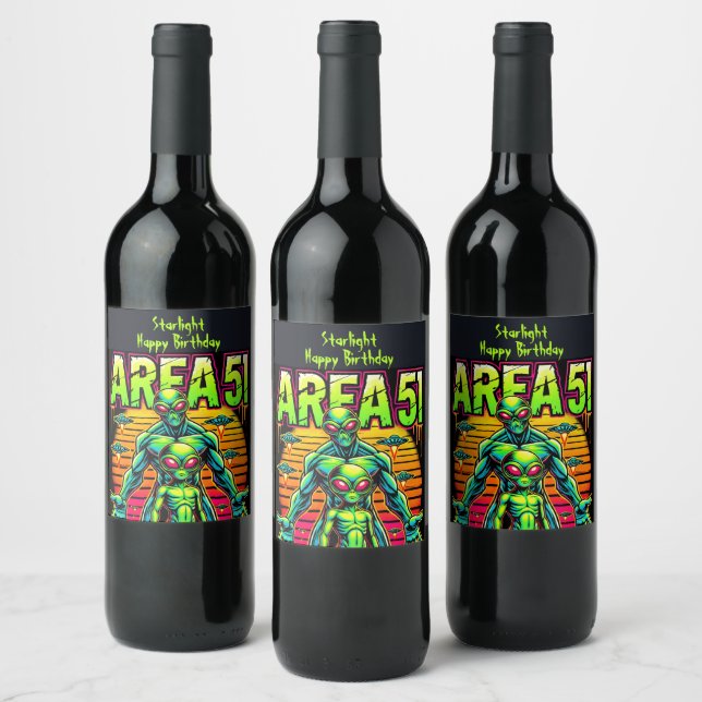 Eerie Aliens Wander Near Area 51 Under Neon Skies Wine Label (Bottles)
