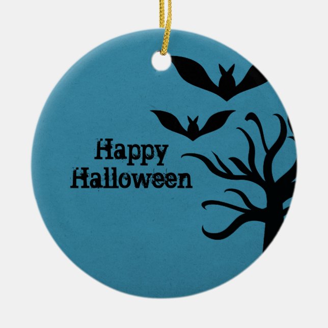 Eerie Bats Halloween Ornament, Blue Ceramic Tree Decoration (Front)