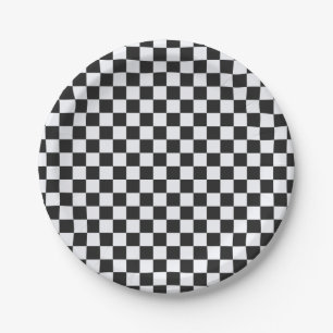 Eerie Black and Ghost White Chequerboard Paper Plate