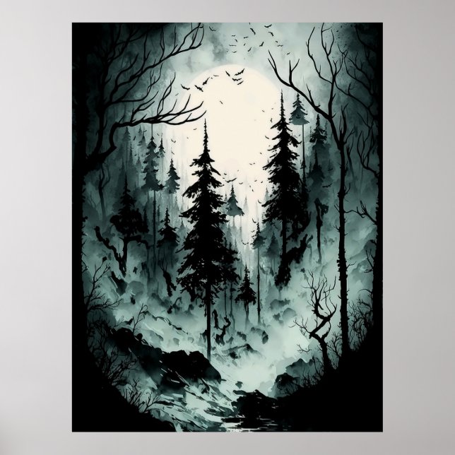 Eerie Black and White Ink Forest in Fog  Poster (Front)
