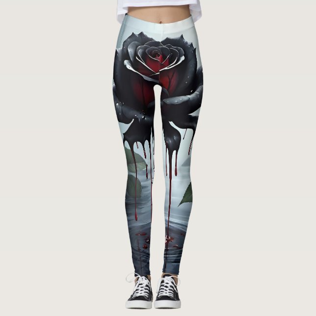 Eerie black rose white  leggings (Front)