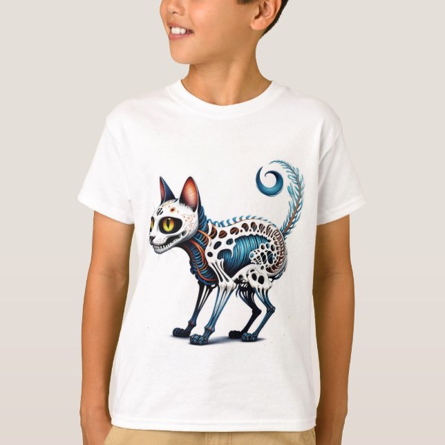 Eerie Cat-Skull Fusion - Detailed Artistic T-Shirt (Front)