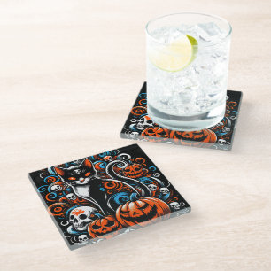 Eerie Cat Skulls Halloween Glass Coaster