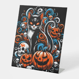 Eerie Cat Skulls Halloween Pedestal Sign