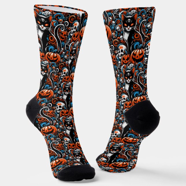 Eerie Cat Skulls Halloween Socks (Angled)