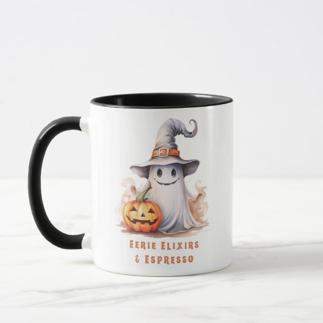 Eerie Elixirs and Espresso Ghost Halloween Mug (Left)