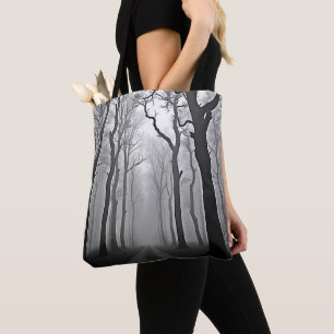 Eerie Foggy Forest Path Art Tote Bag
