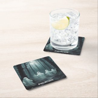 Eerie Ghosts Floating Through a Haunted Forest Square Paper Coaster