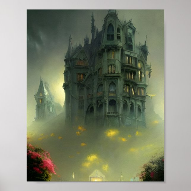 Eerie Gothic Mansion Digital Art Poster (Front)