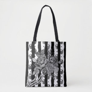 Eerie Gothic Monochromatic Striped Skulls & Roses Tote Bag