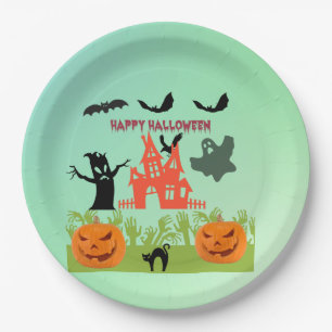 Eerie Green Hands Emerging With Pumpkins and Bats Paper Plate