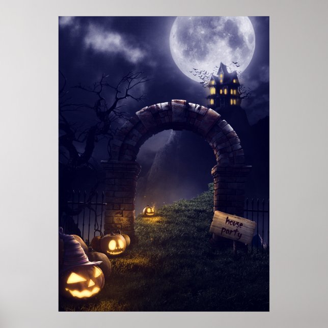 Eerie Halloween Night Full Moon & Haunted House |  Poster (Front)