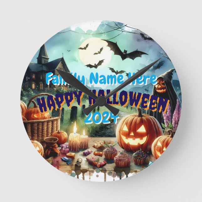 Eerie Halloween Night Watercolor Round Clock (Front)