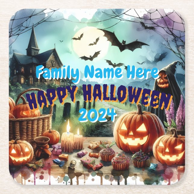 Eerie Halloween Night Watercolor Square Paper Coaster (Front)