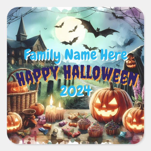 Eerie Halloween Night Watercolor Square Sticker (Front)