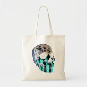 Eerie negative image of a painted skull tote bag