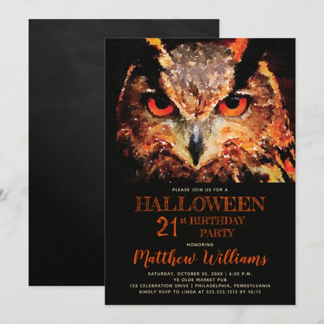 Eerie Night Owl Halloween 21st Birthday Party Invi Invitation (Front/Back)