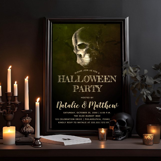 Eerie Night Spooky Skull Halloween Party Invitation (Eerie Night, Creepy, Scary Skull Adult Halloween Party Invitation)