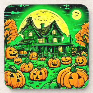 Eerie Nightfall: Halloween Cartoon Pumpkin Patch Coaster