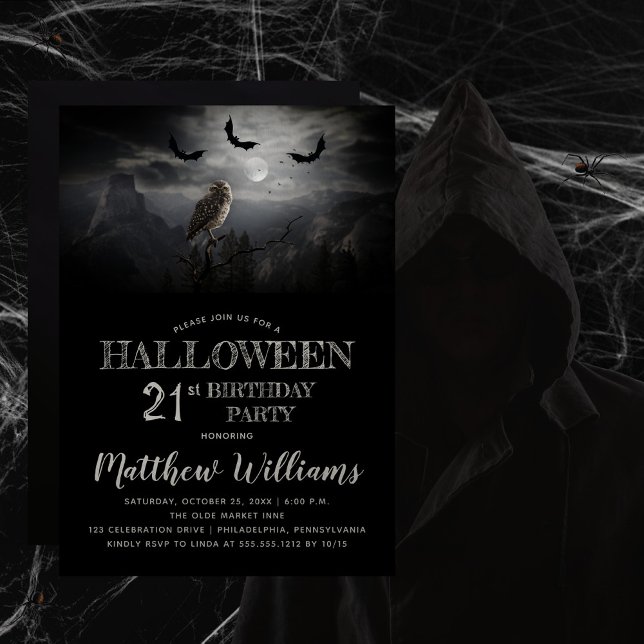Eerie Owl Bats Night Halloween 21st Birthday Party Invitation (Beware the erie creepy, spooky night -- owl and bats Halloween-themed 21st Birthday Party design.  )