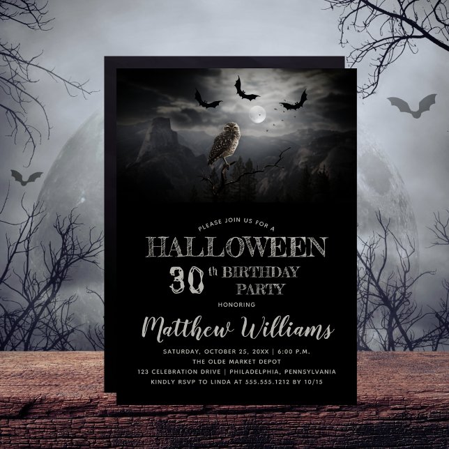 Eerie Owl Bats Night Halloween 30th Birthday Party Invitation (Eerie Owl and Bats Spooky Night 30th Birthday Party Invitation)